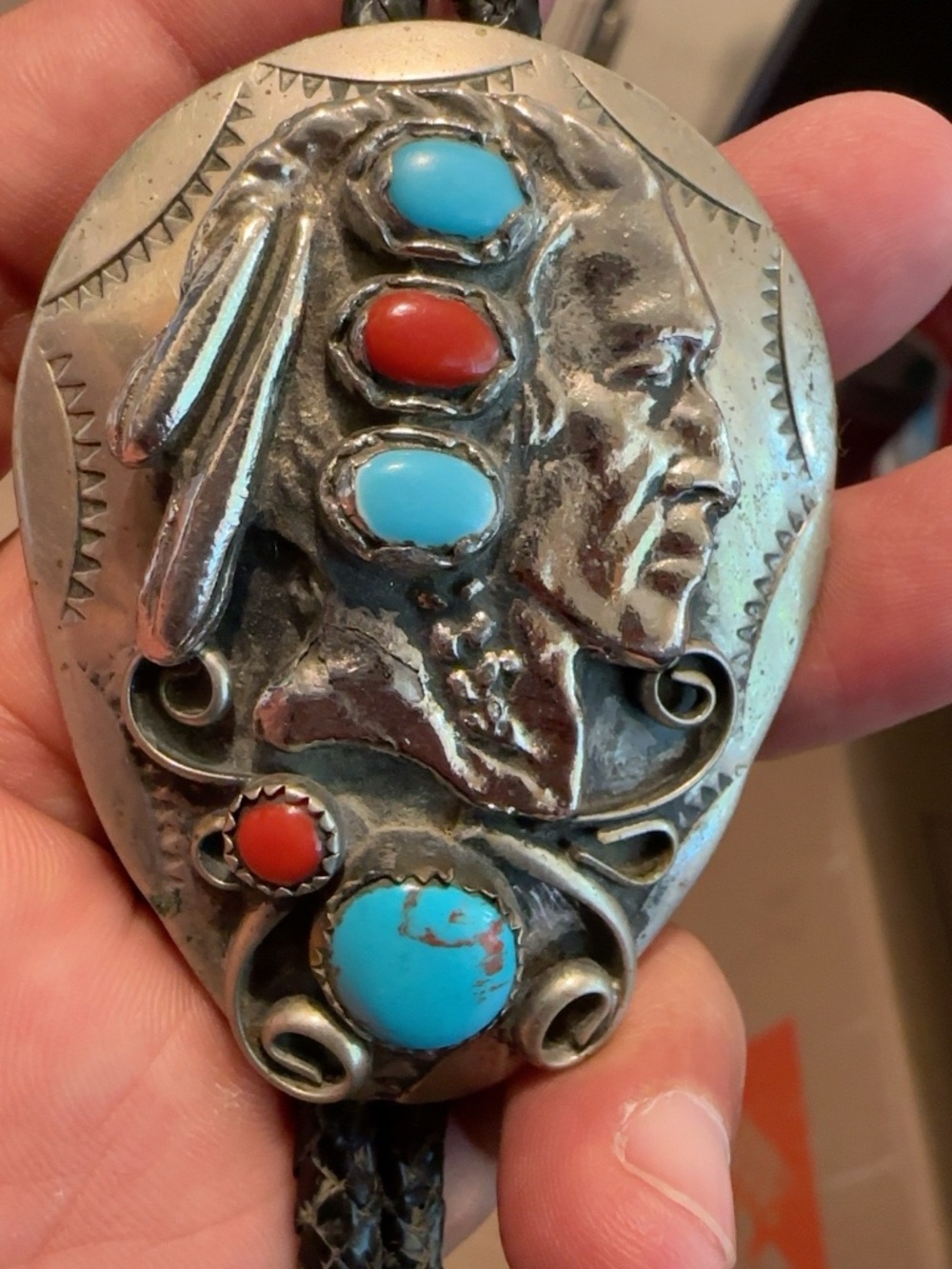 Vintage Oversized Native American Silver Turquoise & Coral Bolo Tie